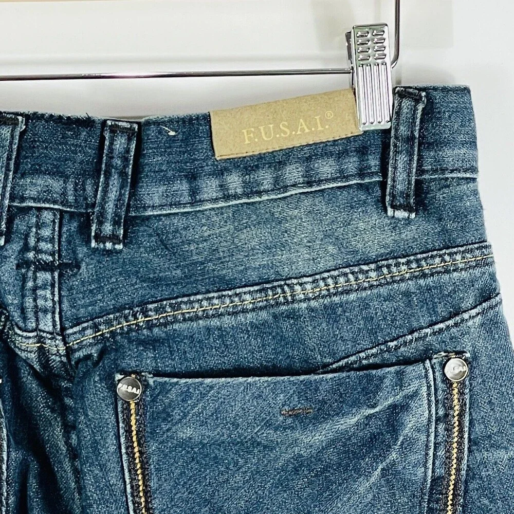 FUSAI 1997‎ Straight Leg Leather Trim Pocket Distressed Jeans Mens Sz 30 x 30 - Picture 7 of 8